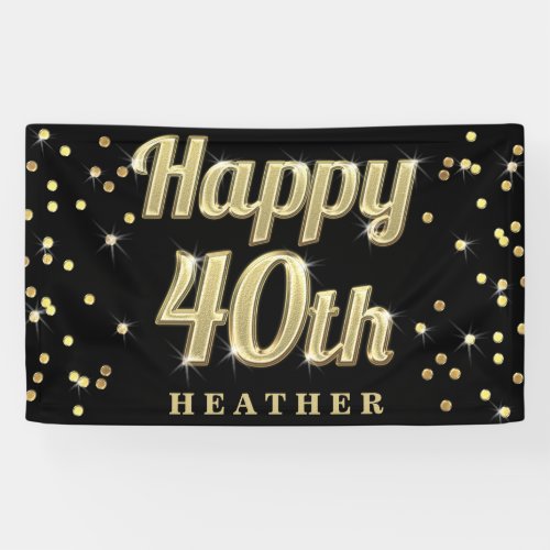 Happy 40th Gold Bling Typography Confetti Black Banner