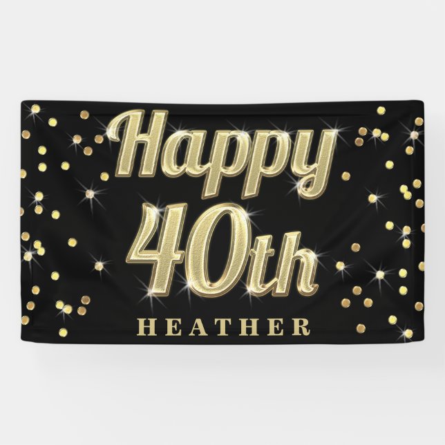Happy 40th Gold Bling Typography Confetti Black Banner (Horizontal)