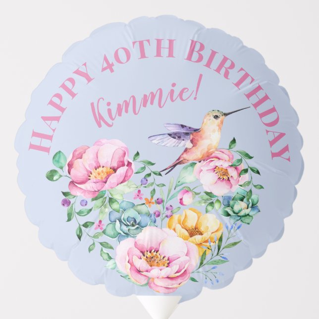 Happy 40th Hummingbird Floral Birthday Balloon (Front)