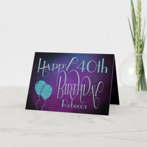 Happy 40th Name Purple Teal Watercolor Birthday Card