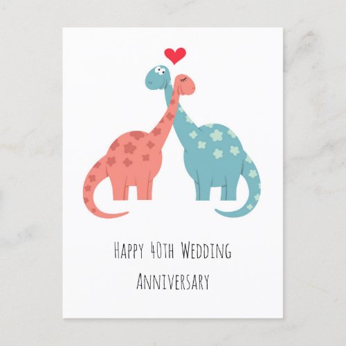 Happy 40th Wedding Anniversary Cute Dinosaurs Postcard