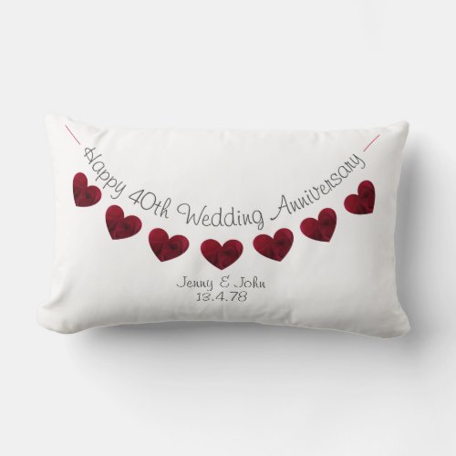 Happy 40th Wedding Anniversary Ruby rose hearts Lumbar Pillow