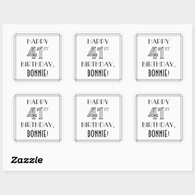 HAPPY 41ST BIRTHDAY, Art Deco Style, Custom Name Square Sticker (Sheet)