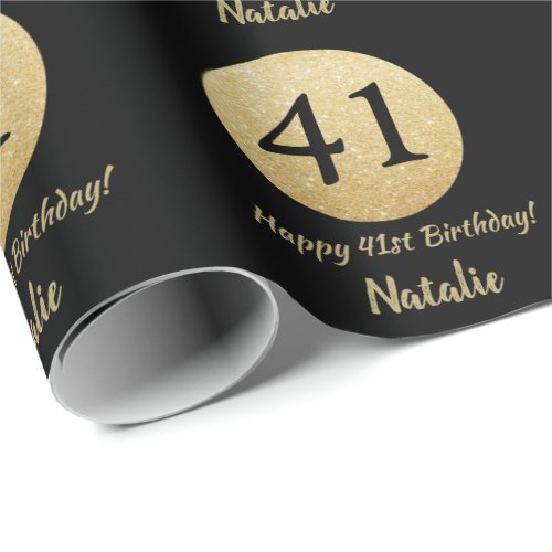 Happy 41st Birthday Black and Gold Glitter Wrapping Paper