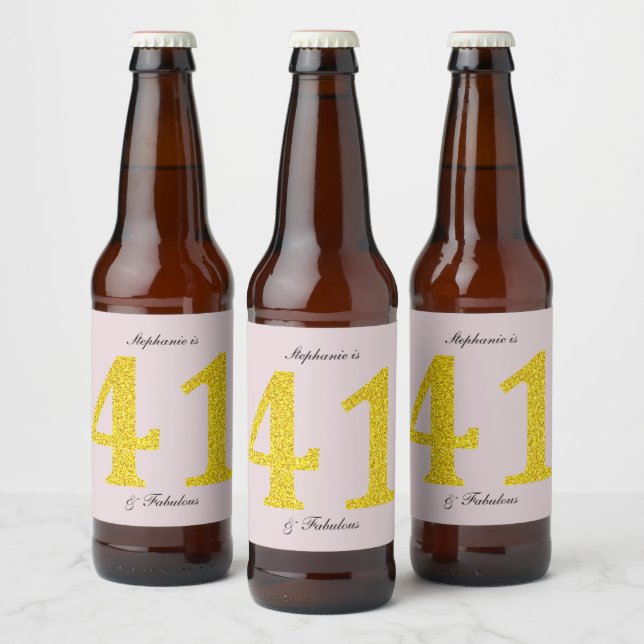 Happy 41st Birthday Party Blush Pink Gold Glitter Beer Bottle Label (Bottles)
