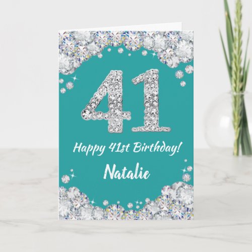 Happy 41st Birthday Teal and Silver Glitter Card