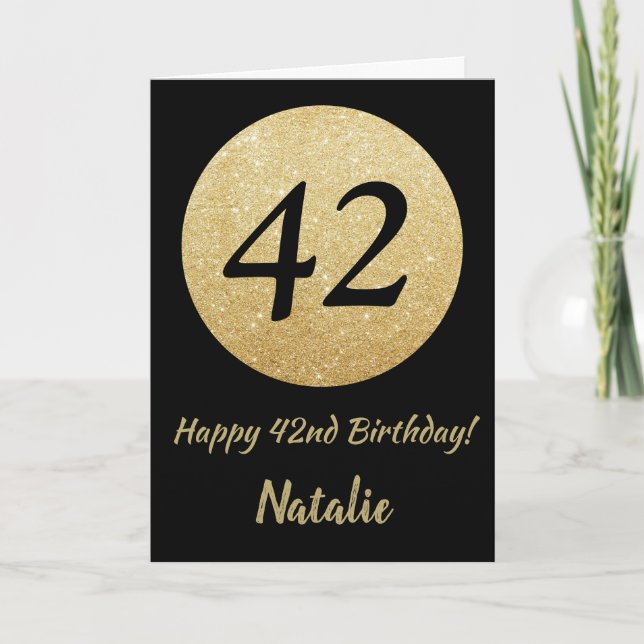 Happy 42nd Birthday Black and Gold Glitter Card (Front)