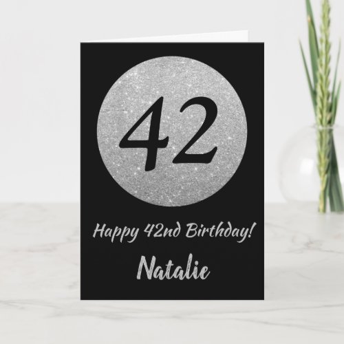 Happy 42nd Birthday Black and Silver Glitter Card