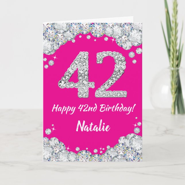 Happy 42nd Birthday Hot Pink and Silver Glitter Card (Front)