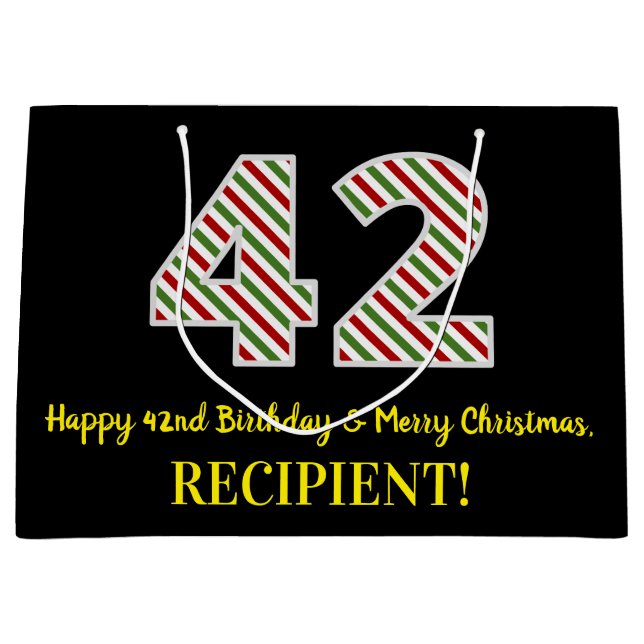 Happy 42nd Birthday & Merry Christmas, Custom Name Large Gift Bag (Front)