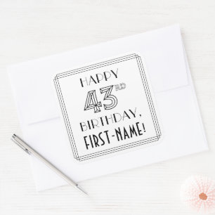 HAPPY 43RD BIRTHDAY, Art Deco Style, Custom Name Square Sticker