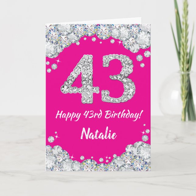 Happy 43rd Birthday Hot Pink and Silver Glitter Card (Front)