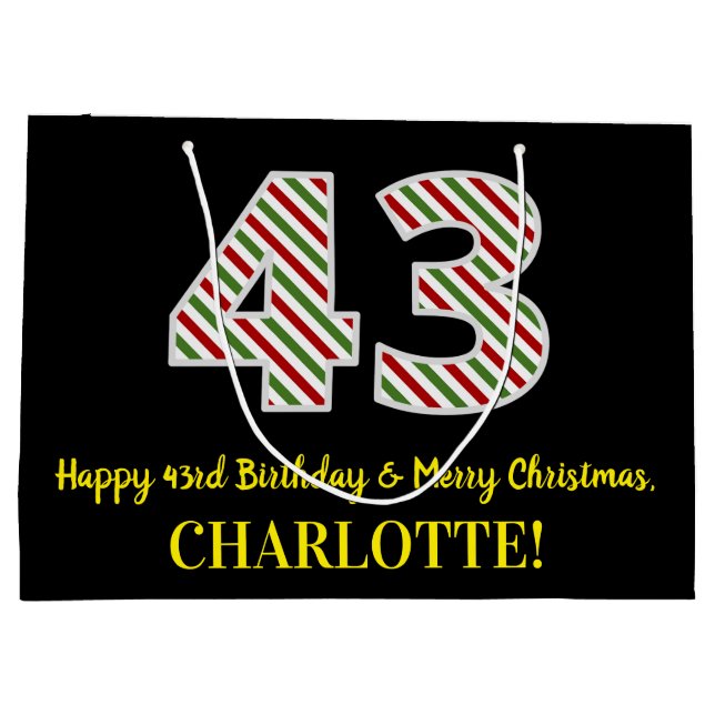 Happy 43rd Birthday & Merry Christmas, Custom Name Large Gift Bag (Back)