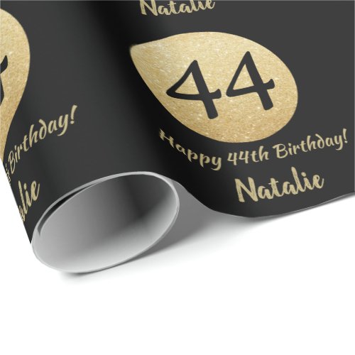 Happy 44th Birthday Black and Gold Glitter Wrapping Paper
