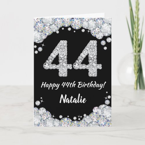 Happy 44th Birthday Black and Silver Glitter Card