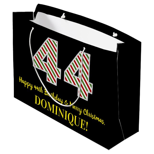 Happy 44th Birthday & Merry Christmas, Custom Name Large Gift Bag (Back Angled)