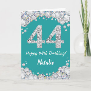 Happy 44th Birthday Teal and Silver Glitter Card