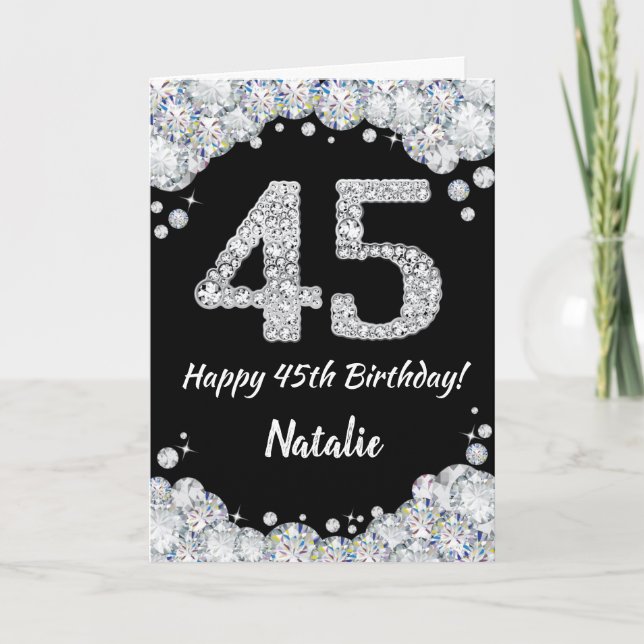 Happy 45th Birthday Black and Silver Glitter Card (Front)