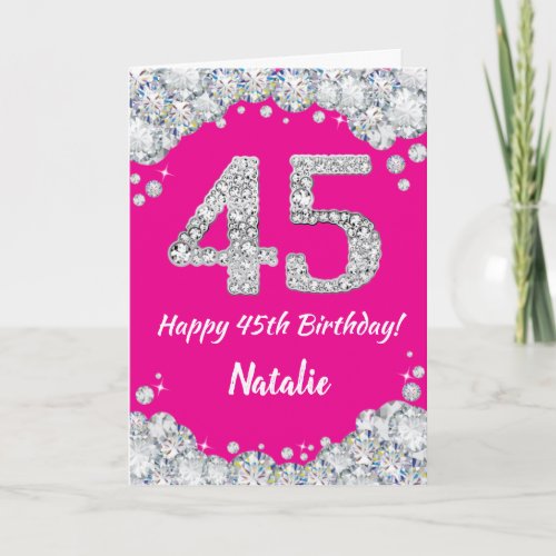 Happy 45th Birthday Hot Pink and Silver Glitter Card