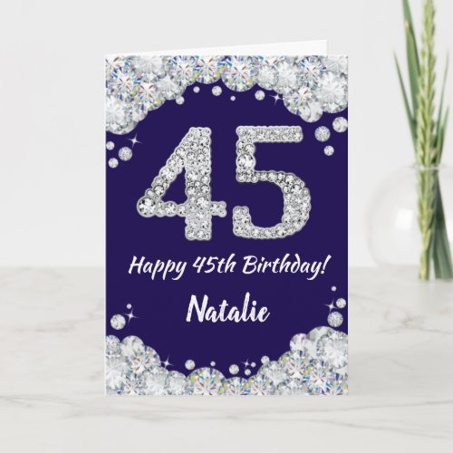 Happy 45th Birthday Navy Blue and Silver Glitter Card