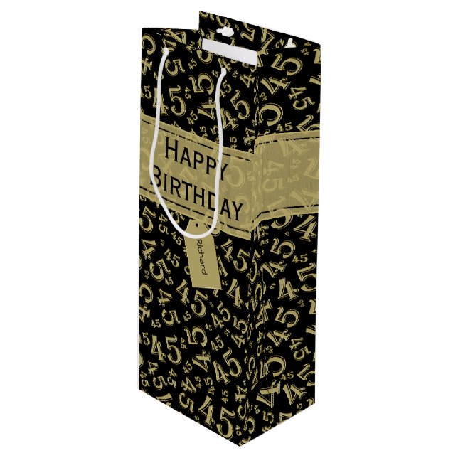 Happy 45th Birthday Number Pattern Black/Gold Wine Gift Bag (Front Angled)