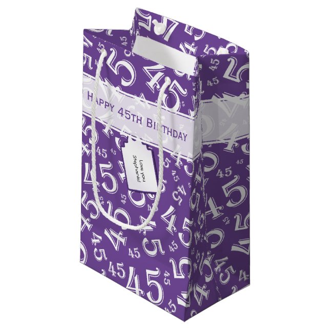 Happy 45th Birthday Number Pattern Purple/White Small Gift Bag (Front Angled)