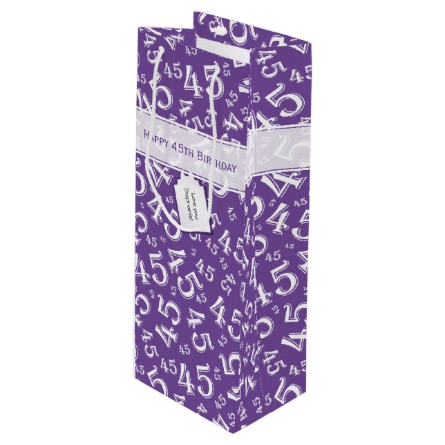 Happy 45th Birthday Number Pattern Purple/White Wine Gift Bag (Front Angled)