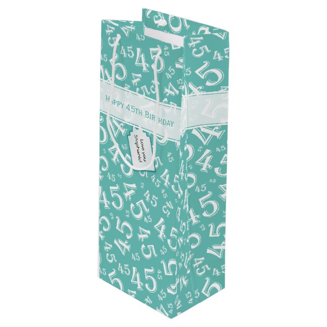 Happy 45th Birthday Number Pattern Teal/White Wine Gift Bag (Front Angled)