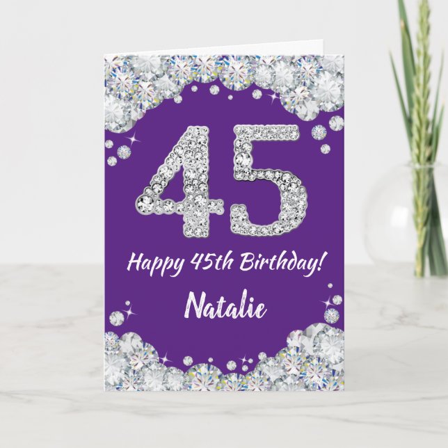 Happy 45th Birthday Purple and Silver Glitter Card (Front)