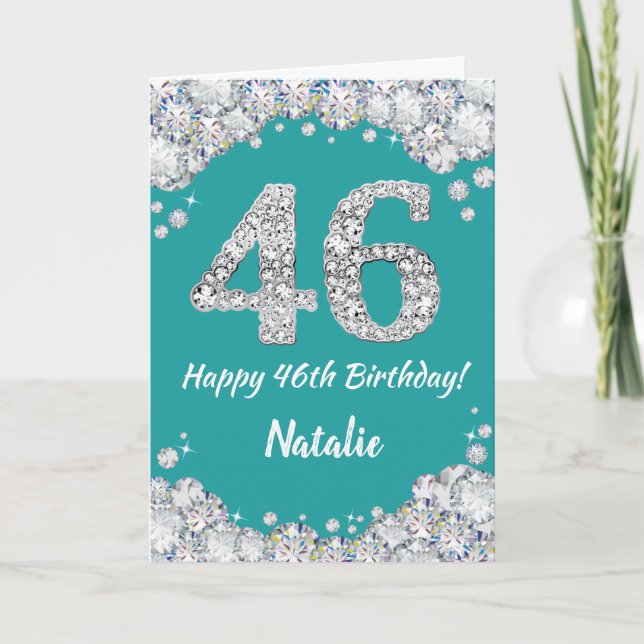 Happy 46th Birthday Teal and Silver Glitter Card (Front)