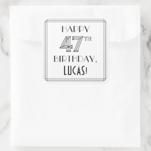 HAPPY 47TH BIRTHDAY, Art Deco Style, Custom Name Square Sticker