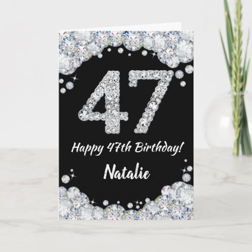 Happy 47th Birthday Black and Silver Glitter Card