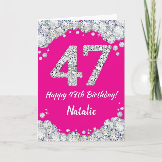 Happy 47th Birthday Hot Pink and Silver Glitter Card (Front)