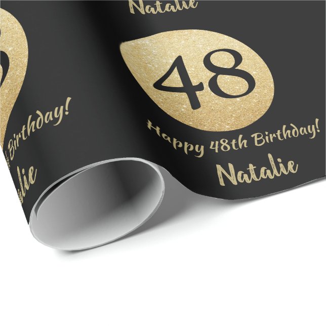 Happy 48th Birthday Black and Gold Glitter Wrapping Paper (Roll Corner)
