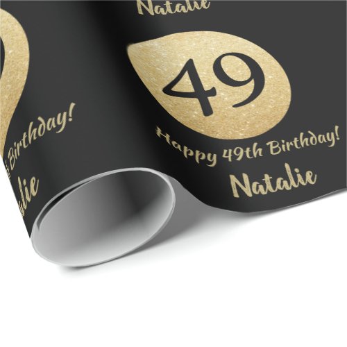 Happy 49th Birthday Black and Gold Glitter Wrapping Paper
