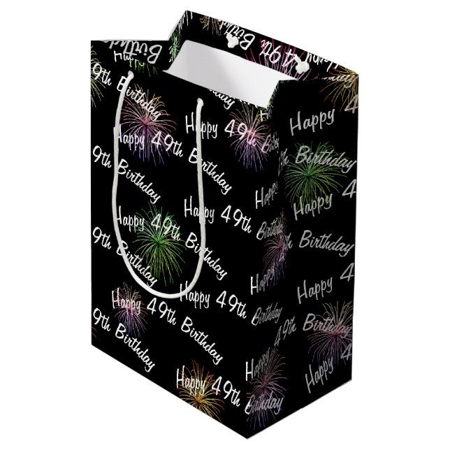 Happy 49th Birthday fireworks on black Medium Gift Bag (Back Angled)