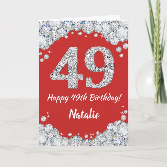 Happy 49th Birthday Red and Silver Glitter Card (Front)