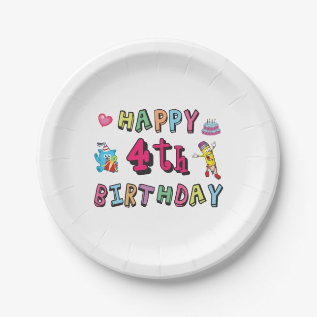 Happy 4th Birthday. 4 year b-day. Paper Plates (Front)