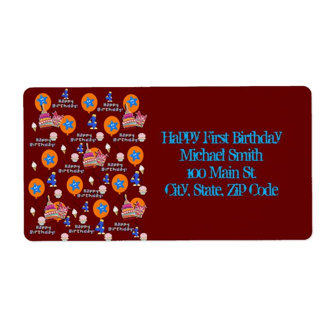 Happy 4th Birthday Address Labels, Dark Red Label (Front)