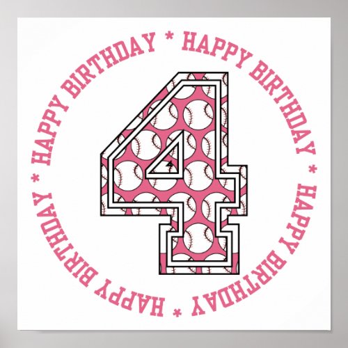 Happy 4th Birthday Baseball Number Poster