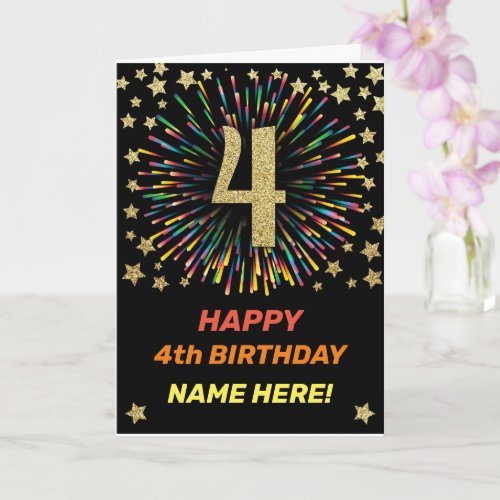 Happy 4th Birthday Black  Gold Rainbow Firework Card