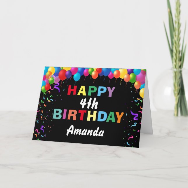 Happy 4th Birthday Colorful Balloons Black Card (Front)