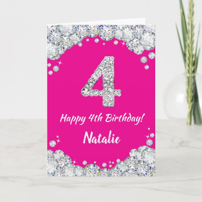 Happy 4th Birthday Hot Pink and Silver Glitter Card (Front)