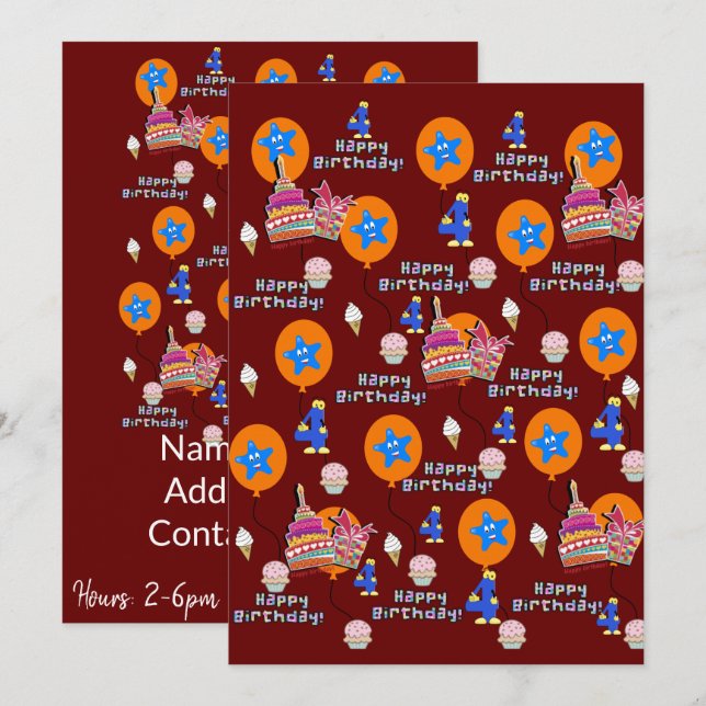 Happy 4th Birthday Invitation Birthday #4 (Front/Back)