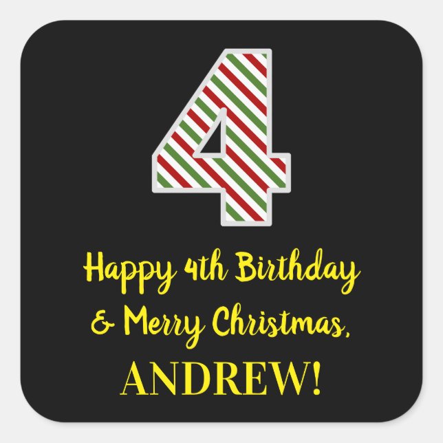 Happy 4th Birthday & Merry Christmas, Custom Name Square Sticker (Front)