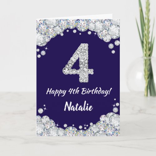 Happy 4th Birthday Navy Blue and Silver Glitter Card