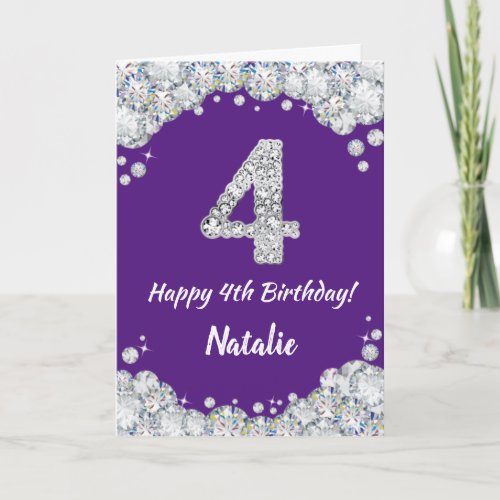 Happy 4th Birthday Purple and Silver Glitter Card