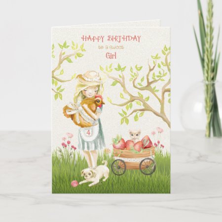 Happy 4th Birthday To Girl Rooster, Kitten And Dog Card