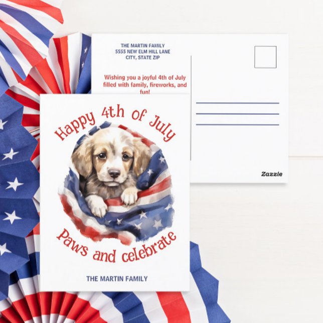 Happy 4th July Cute Puppy American Flag  Postcard (Happy 4th of July American flag and puppy greeting postcard )