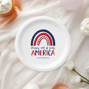 Happy 4th of July America Red White Blue Rainbow Paper Plates
